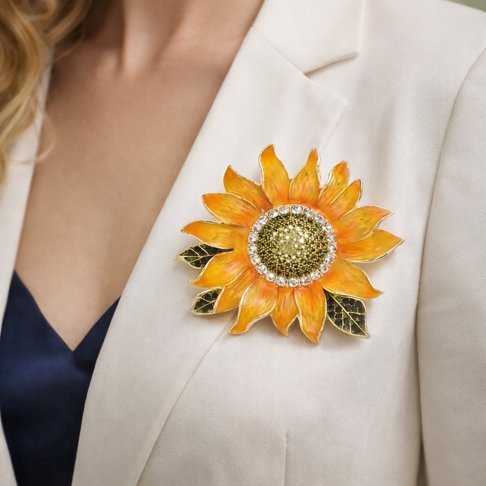 Floral Sunflower Brooch Pin – Crystal Rhinestone Flower Jewelry